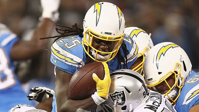 OAKLAND, CALIFORNIA - NOVEMBER 07: Running back Melvin Gordon #25 of the Los Angeles Chargers carries the ball against the Oakland Raiders at RingCentral Coliseum on November 07, 2019 in Oakland, California.