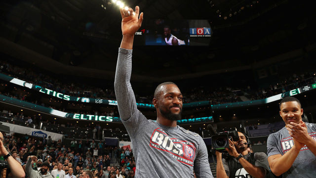 CHARLOTTE, NC - NOVEMBER 7: Kemba Walker #8 of the Boston Celtics watches his tribute video and thanks the crowd prior to a game against the Charlotte Hornets on November 7, 2019 at Spectrum Center in Charlotte, North Carolina. Mandatory Copyright Notice: Copyright 2019 NBAE