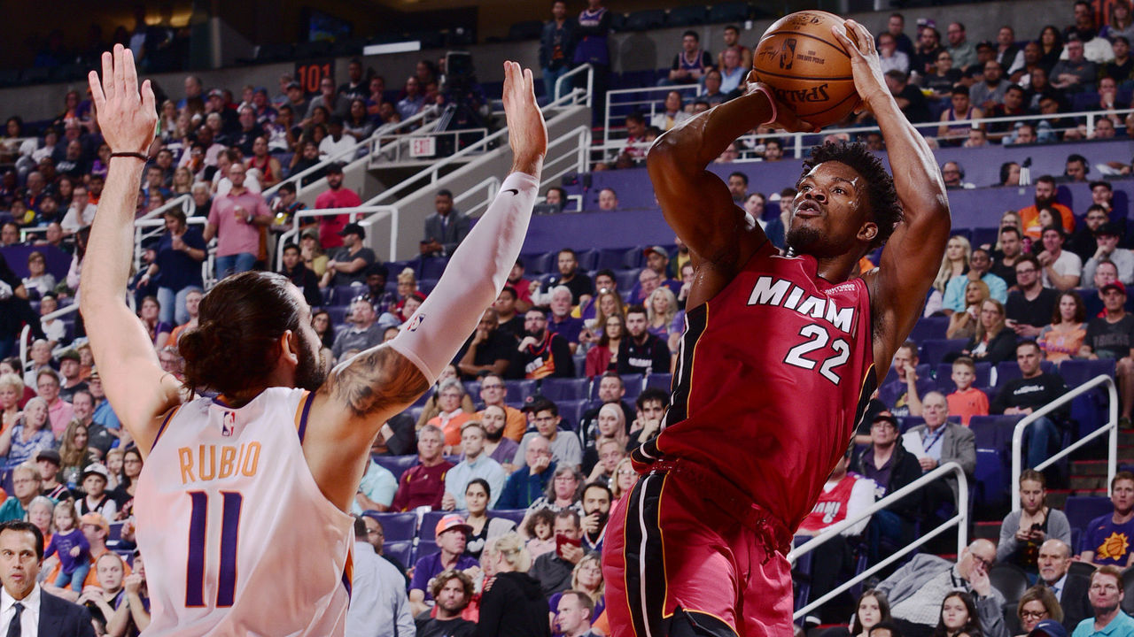 PHOENIX, AZ - NOVEMBER 7: Jimmy Butler #22 of the Miami Heat shoots the ball against the Phoenix Suns on November 7, 2019 at Talking Stick Resort Arena in Phoenix, Arizona. Mandatory Copyright Notice: Copyright 2019 NBAE