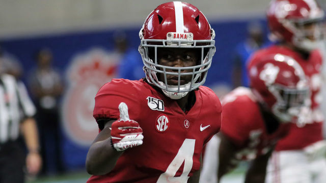 ATLANTA, GA - AUGUST 31: Alabama Crimson Tide wide receiver Jerry Jeudy (4) during the Chick-fil-A Kickoff Game between the Alabama Crimson Tide and the Duke Blue Devils on August 31, 2019 at Mercedes-Benz Stadium in Atlanta, Georgia.