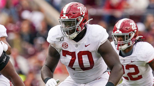 COLLEGE STATION, TX - OCTOBER 12: Alabama Crimson Tide offensive lineman Alex Leatherwood (70) looks to block during the college football game between the Alabama Crimson Tide and Texas A&M Aggies on October 12, 2019 at Kyle Field in College Station, Texas.