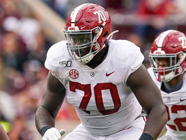 COLLEGE STATION, TX - OCTOBER 12: Alabama Crimson Tide offensive lineman Alex Leatherwood (70) looks to block during the college football game between the Alabama Crimson Tide and Texas A&M Aggies on October 12, 2019 at Kyle Field in College Station, Texas.