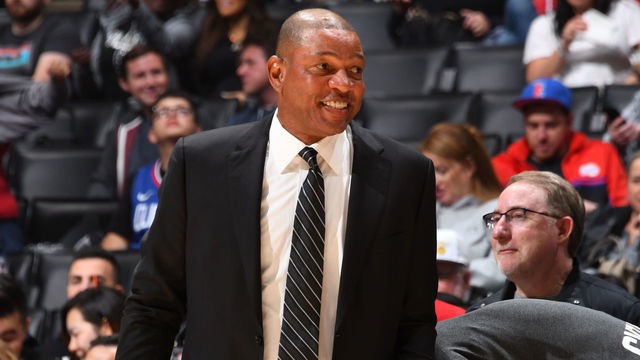 LOS ANGELES, CA - OCTOBER 31: Head Coach, Doc Rivers of the LA Clippers smiles during a game against the San Antonio Spurs on October 31, 2019 at STAPLES Center in Los Angeles, California. NOTE TO USER: User expressly acknowledges and agrees that, by downloading and/or using this Photograph, user is consenting to the terms and conditions of the Getty Images License Agreement. Mandatory Copyright Notice: Copyright 2019 NBAE