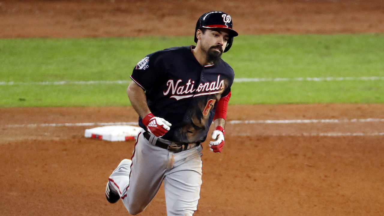 HOUSTON, TEXAS - OCTOBER 30: Anthony Rendon #6 of the Washington Nationals hits a solo home run against the Houston Astros during the seventh inning in Game Seven of the 2019 World Series at Minute Maid Park on October 30, 2019 in Houston, Texas.