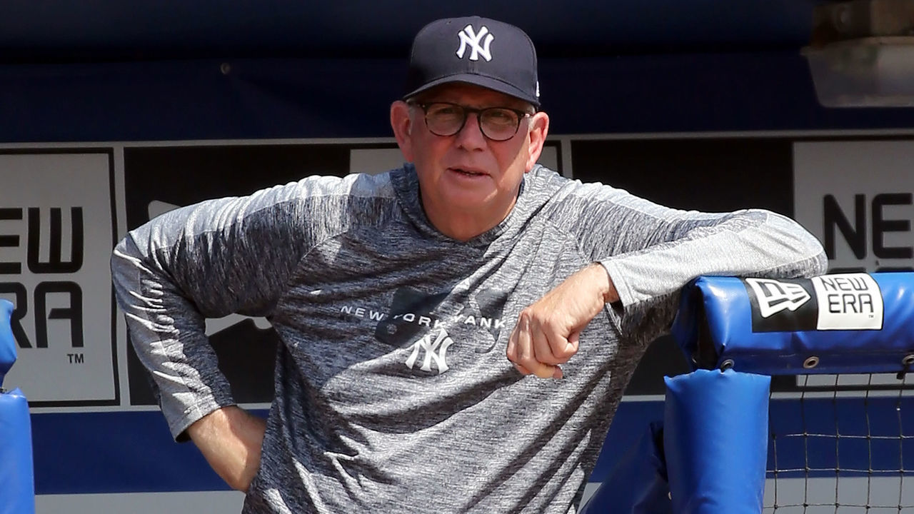 Dunedin, FL - MAR 14: Yankees pitching coach Larry Rothschild watches the action on the field during the spring training game between the New York Yankees and the Toronto Blue Jays on March 14, 2019, at the Dunedin Stadium in Dunedin, FL.