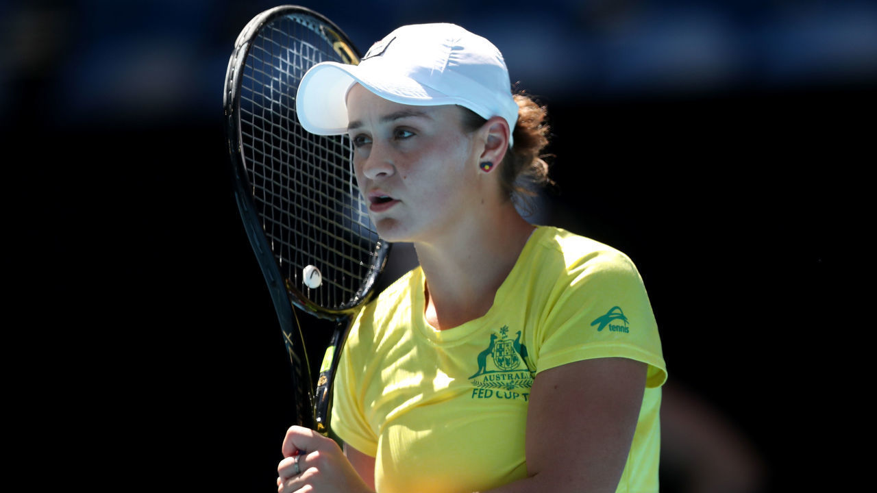 PERTH, AUSTRALIA - NOVEMBER 08: Ash Barty of Australialooks on during a practice session ahead of the 2019 Fed Cup Final between Australia and France at the RAC Arena on November 08, 2019 in Perth, Australia.
