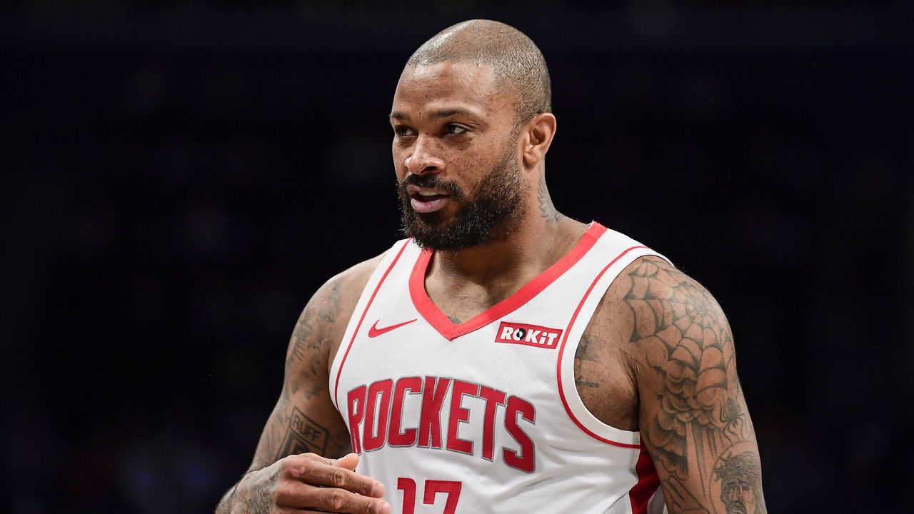 NEW YORK, NEW YORK - NOVEMBER 01: PJ Tucker #17 of the Houston Rockets reacts against the Brooklyn Nets at Barclays Center on November 01, 2019 in New York City. NOTE TO USER: User expressly acknowledges and agrees that, by downloading and/or using this photograph, user is consenting to the terms and conditions of the Getty Images License Agreement.