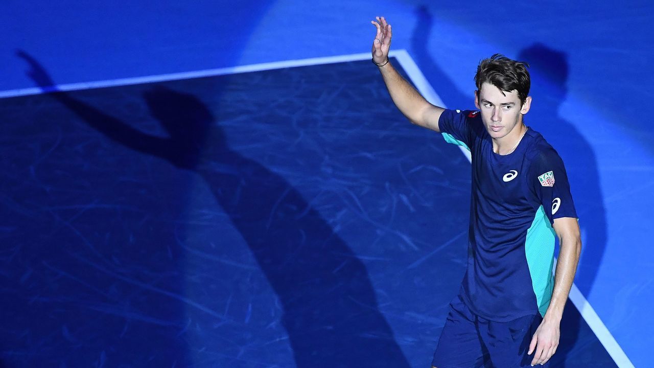 Australia's Alex De Minaur celebrates his victory over USA's Frances Tiafoe after their semi-final match of the Next Generation ATP Finals at the Allianz Cloud Court in Milan on November 8, 2019.