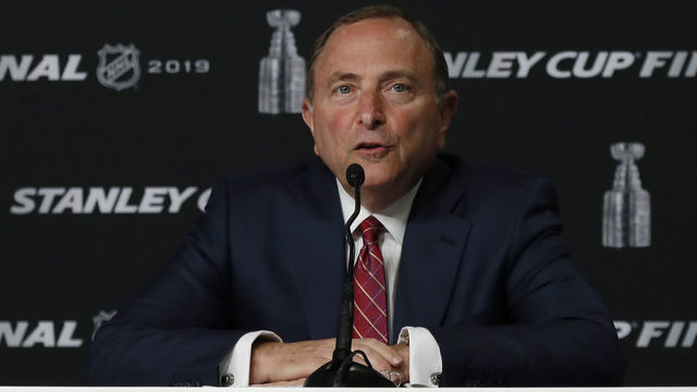 BOSTON, MA - MAY 27: NHL Commissioner Gary Bettman delivers his state of the league address before Game 1 of the 2019 Stanley Cup Finals between the Boston Bruins and the St. Louis Blues on May 27, 2019, at TD Garden in Boston, Massachusetts.