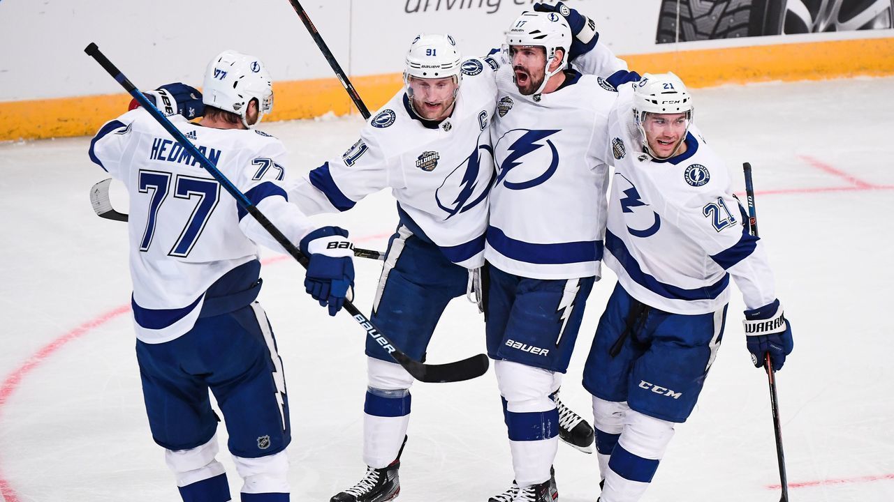 Alex Killorn of Tampa Bay Lightning (2nd ) celebrates with his teammates after scoring during the NHL Global Series Ice Hockey match Buffalo Sabres v Tampa Bay Lightning in Stockholm on November 8, 2019.