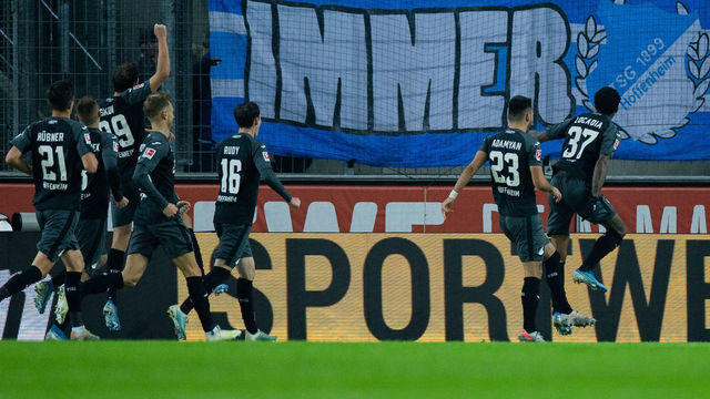 08 November 2019, North Rhine-Westphalia, Cologne: Soccer: Bundesliga, 1st FC Cologne - 1899 Hoffenheim, 11th matchday in RheinEnergieStadion. The Hoffenheimers celebrate the 2:1 by Jürgen Locadia (r). Photo: Rolf Vennenbernd/dpa - IMPORTANT NOTE: In accordance with the requirements of the DFL Deutsche Fußball Liga or the DFB Deutscher Fußball-Bund, it is prohibited to use or have used photographs taken in the stadium and/or the match in the form of sequence images and/or video-like photo sequences.