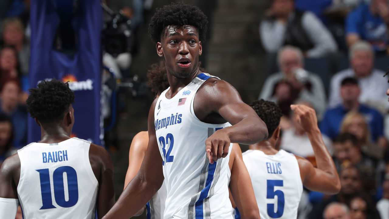 MEMPHIS, TN - NOVEMBER 5: James Wiseman #32 of the Memphis Tigers points against the South Carolina State Bulldogs during a game on November 5, 2019 at FedExForum in Memphis, Tennessee. Memphis defeated South Carolina State 97-64.