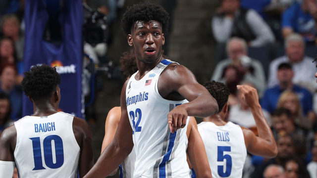 MEMPHIS, TN - NOVEMBER 5: James Wiseman #32 of the Memphis Tigers points against the South Carolina State Bulldogs during a game on November 5, 2019 at FedExForum in Memphis, Tennessee. Memphis defeated South Carolina State 97-64.