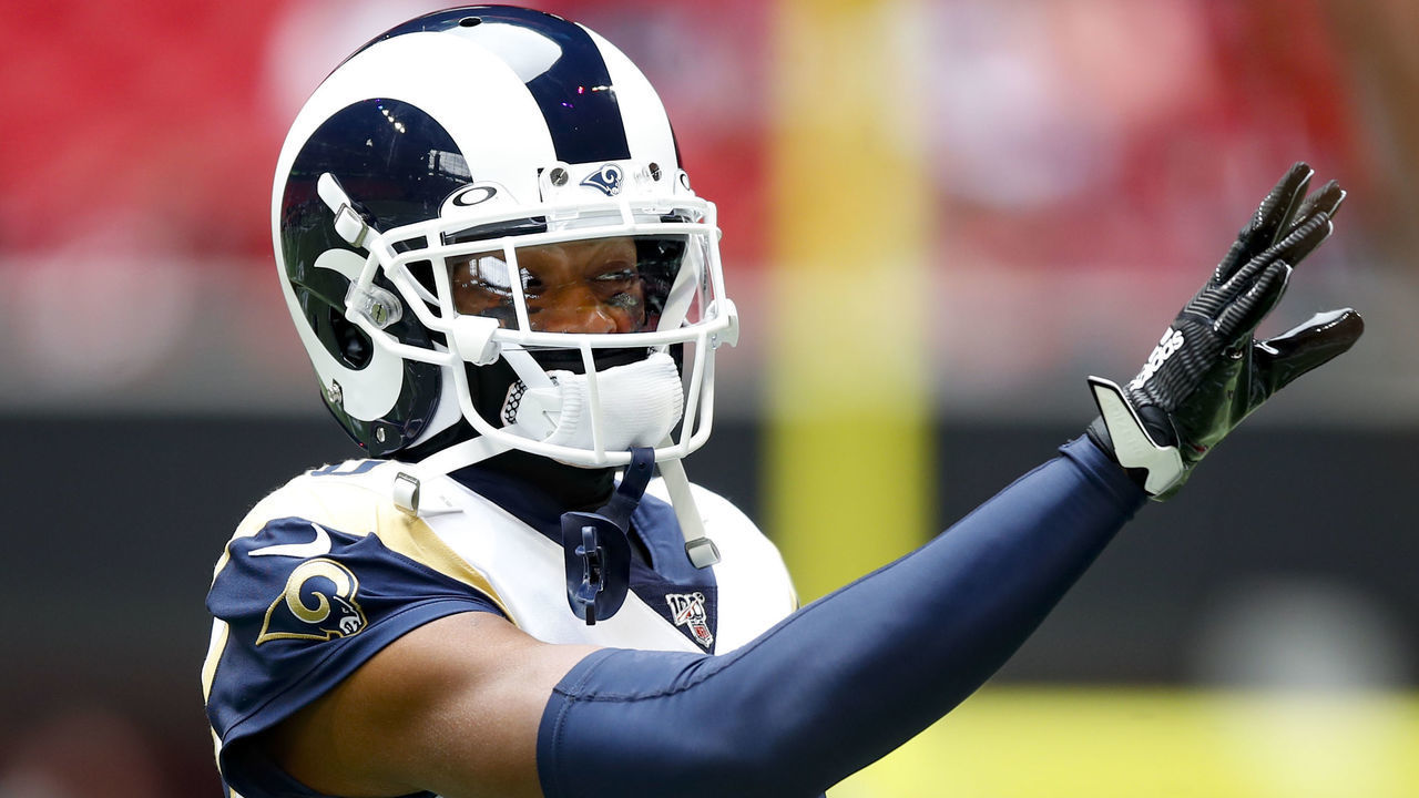 ATLANTA, GA - OCTOBER 20: Jalen Ramsey #20 of the Los Angeles Rams warms up prior to an NFL game against the Atlanta Falcons at Mercedes-Benz Stadium on October 20, 2019 in Atlanta, Georgia.