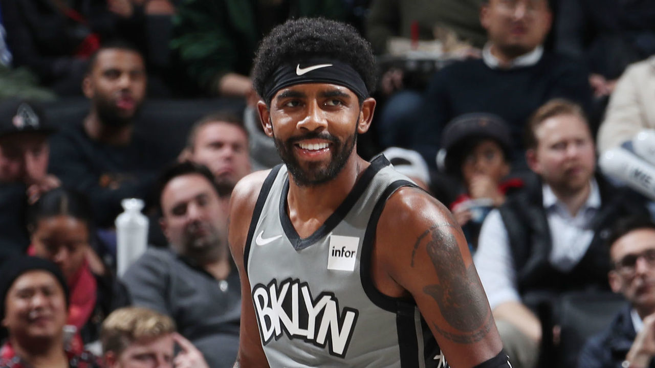 BROOKLYN, NY - NOVEMBER 4: Kyrie Irving #11 of the Brooklyn Nets looks on during the game against the New Orleans Pelicans on November 4, 2019 at Barclays Center in Brooklyn, New York. Mandatory Copyright Notice: Copyright 2019 NBAE
