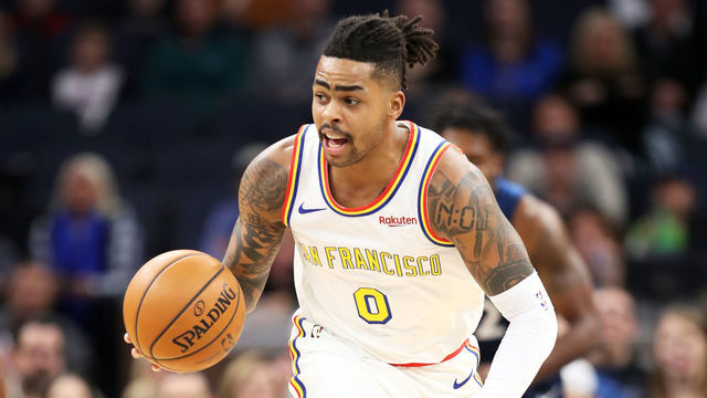 MINNEAPOLIS, MN - NOVEMBER 8: D'Angelo Russell #0 of the Golden State Warriors handles the ball against the Minnesota Timberwolves on November 8, 2019 at Target Center in Minneapolis, Minnesota. Mandatory Copyright Notice: Copyright 2019 NBAE