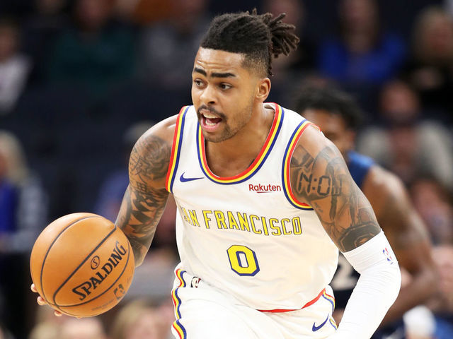 MINNEAPOLIS, MN - NOVEMBER 8: D'Angelo Russell #0 of the Golden State Warriors handles the ball against the Minnesota Timberwolves on November 8, 2019 at Target Center in Minneapolis, Minnesota. Mandatory Copyright Notice: Copyright 2019 NBAE