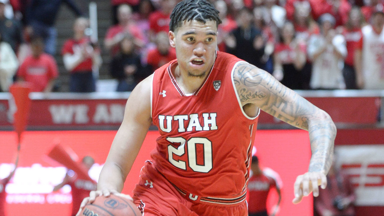 SALT LAKE CITY, UT - FEBRUARY 14: Utah Utes forward Timmy Allen (20) during a college basketball game between the Arizona Wildcats and the Utah Utes on February 14, 2019, at the Huntsman Center in Salt Lake City, Utah.