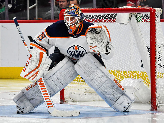 DETROIT, MI - OCTOBER 29: Edmonton Oilers goaltender Mikko Koskinen (19) waits for a rush coming at him during the Detroit Red Wings game versus the Edmonton Oilers on October 29, 2019, at Little Caesars Arena in Detroit, Michigan.