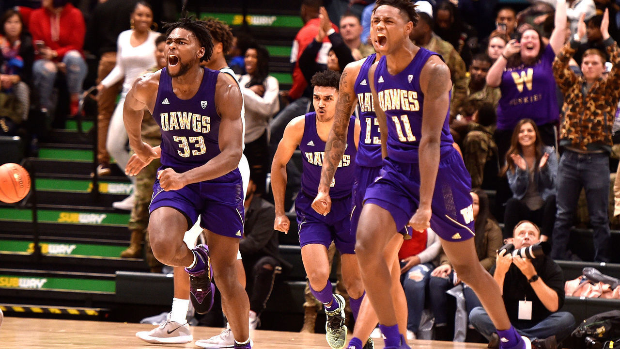 ANCHORAGE, AK - NOVEMBER 08: Isaiah Stewart #33 and Nahziah Carter #11 of the Washington Huskies celebrate following their win against the Baylor Bears during the ESPN Armed Forces Classic at Alaska Airlines Center on November 8, 2019 in Anchorage, Alaska. Washington won 67-64.