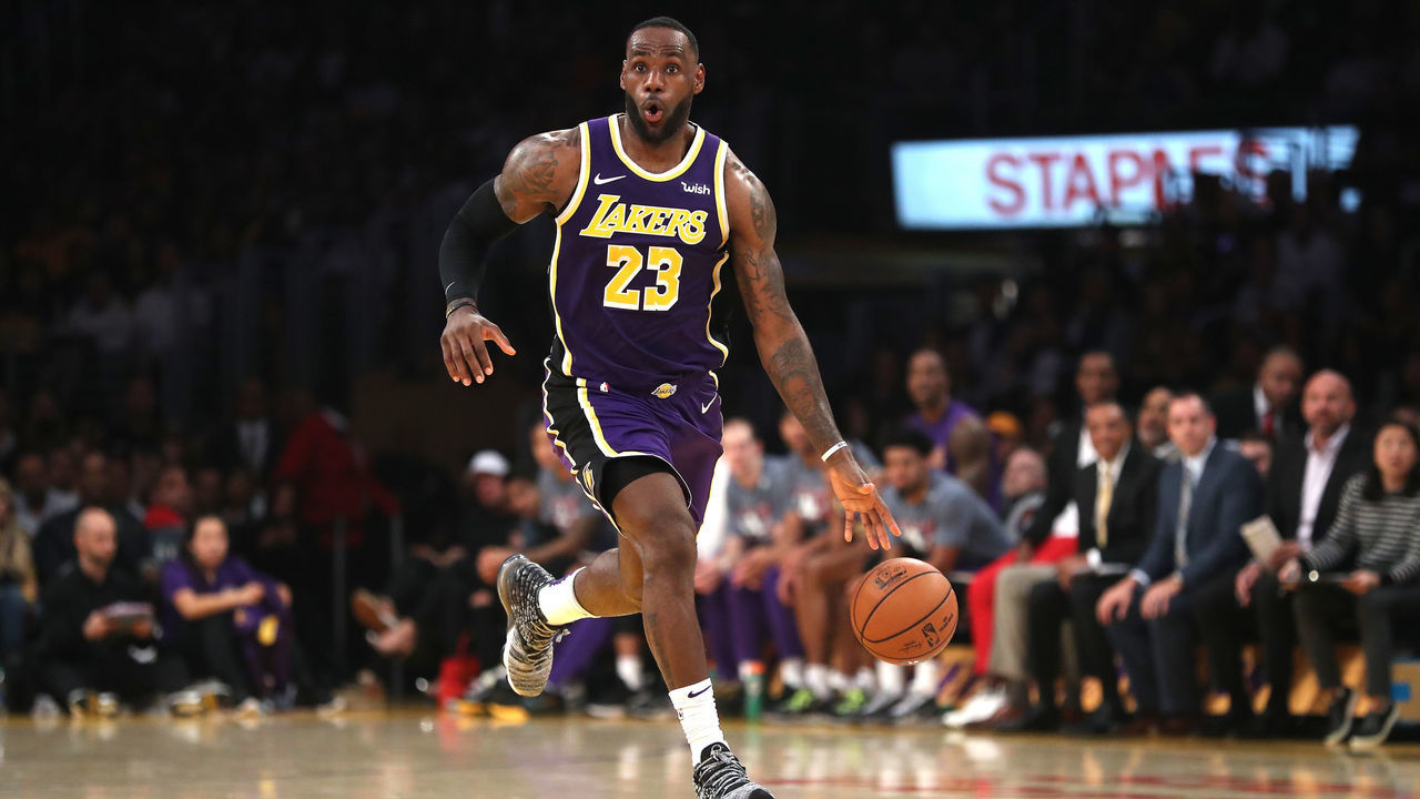 LOS ANGELES, CALIFORNIA - NOVEMBER 08: LeBron James #23 of the Los Angeles Lakers dribbles upcourt during the second half of a game against the Miami Heat at Staples Center on November 08, 2019 in Los Angeles, California. NOTE TO USER: User expressly acknowledges and agrees that, by downloading and/or using this photograph, user is consenting to the terms and conditions of the Getty Images License Agreement