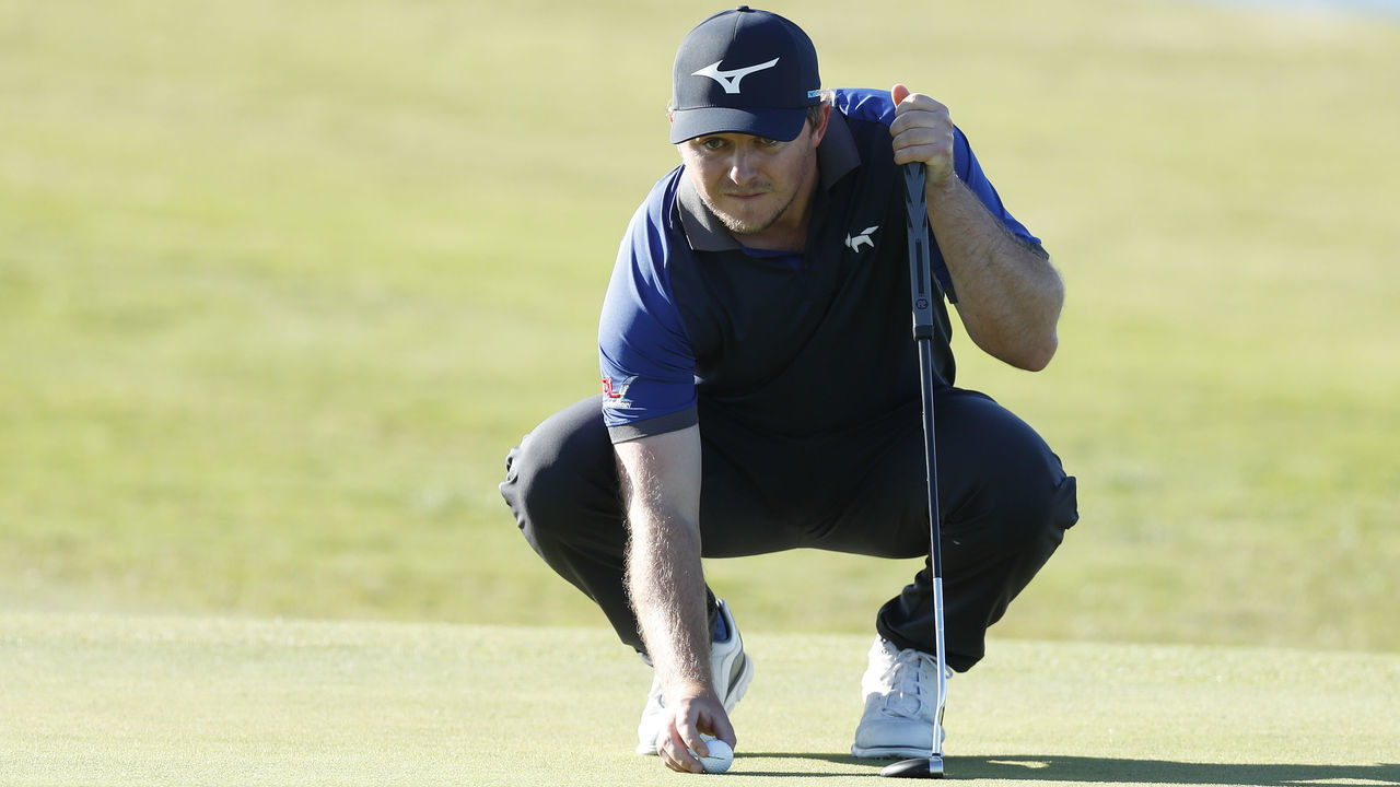 QUARTEIRA, PORTUGAL - OCTOBER 24: Eddie Pepperell of England lines up a putt on the 12th hole during Day One of the Portugal Masters at Dom Pedro Victoria Golf Course on October 24, 2019 in Quarteira, Portugal.