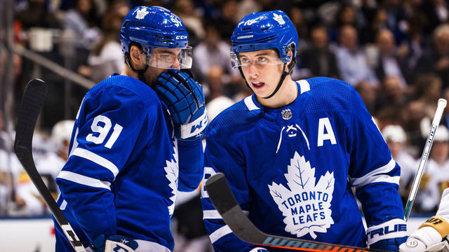 TORONTO, ON - NOVEMBER 07: Mitch Marner #16 and John Tavares #91 of the Toronto Maple Leafs take the ice against the Vegas Golden Knights during the second period at the Scotiabank Arena on November 7, 2019 in Toronto, Ontario, Canada.