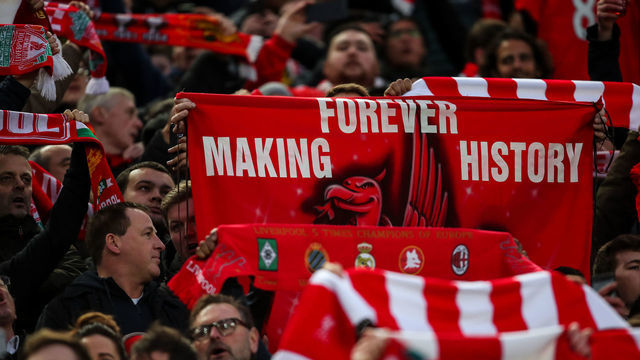 LIVERPOOL, ENGLAND - APRIL 04: Fans of Liverpool hold up a banner which reads Forever Making History during the UEFA Champions League Quarter Final first leg match between Liverpool and Manchester City at Anfield on April 4, 2018 in Liverpool, England.