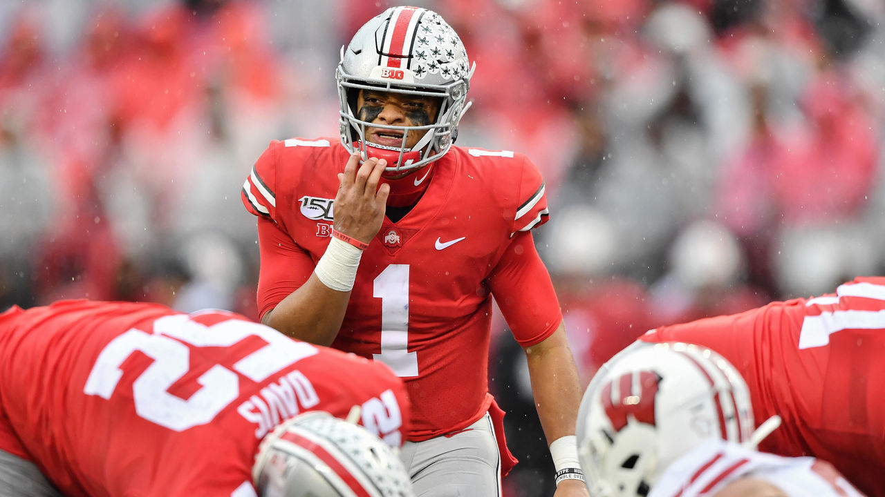 COLUMBUS, OH - OCTOBER 26: Quarterback Justin Fields #1 of the Ohio State Buckeyes calls signals against the Wisconsin Badgers at Ohio Stadium on October 26, 2019 in Columbus, Ohio.