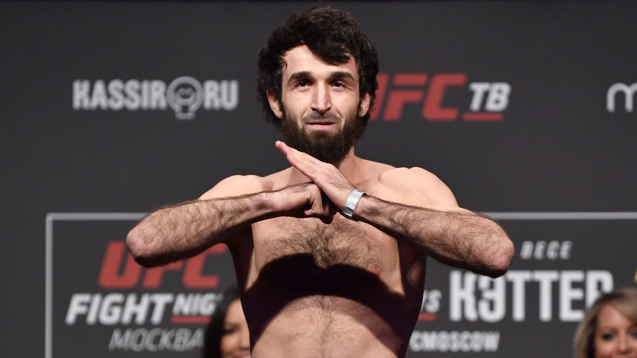MOSCOW, RUSSIA - NOVEMBER 08: Zabit Magomedsharipov of Russia poses on the scale during the UFC Fight Night weigh-ins at CSKA Arena on November 08, 2019 in Moscow, Russia.