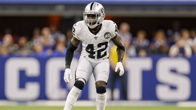 INDIANAPOLIS, IN - SEPTEMBER 29: Karl Joseph #42 of the Oakland Raiders is seen during the game against the Indianapolis Colts at Lucas Oil Stadium on September 29, 2019 in Indianapolis, Indiana.
