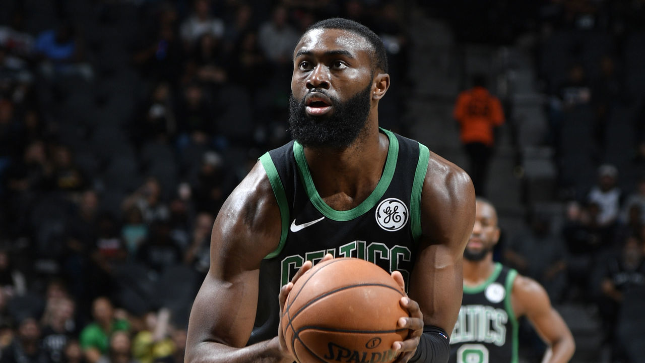 SAN ANTONIO, TX - NOVEMBER 9: Jaylen Brown #7 of the Boston Celtics shoots a free throw against the San Antonio Spurs on November 9, 2019 at the AT&T Center in San Antonio, Texas. Mandatory Copyright Notice: Copyright 2019 NBAE (Photos by Logan Riely/NBAE via Getty Images)
