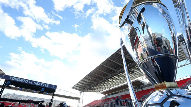 09 December 2016: A giant replica of the Philip F. Anschutz MLS Cup Trophy sits in the north end of the stadium. Seattle Sounders FC held a training session one day before playing in MLS Cup 2016 at BMO Field in Toronto, Ontario in Canada.