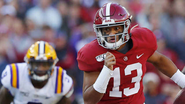 TUSCALOOSA, ALABAMA - NOVEMBER 09: Tua Tagovailoa #13 of the Alabama Crimson Tide runs with the ball during the first half against the LSU Tigers in the game at Bryant-Denny Stadium on November 09, 2019 in Tuscaloosa, Alabama.