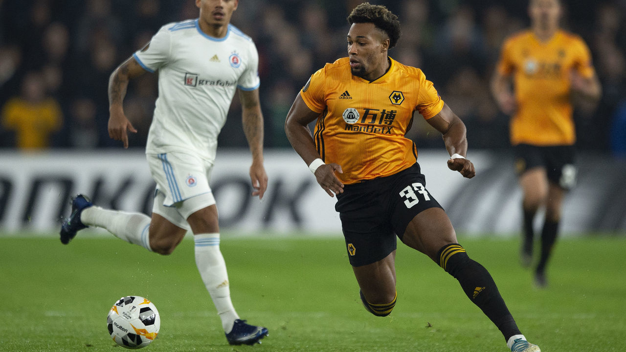 WOLVERHAMPTON, ENGLAND - NOVEMBER 07: Adama Traore of Wolverhampton Wanderers in action during the UEFA Europa League Group K match between Wolverhampton Wanderers and Slovan Bratislava at Molineux on November 7, 2019 in Wolverhampton, United Kingdom.