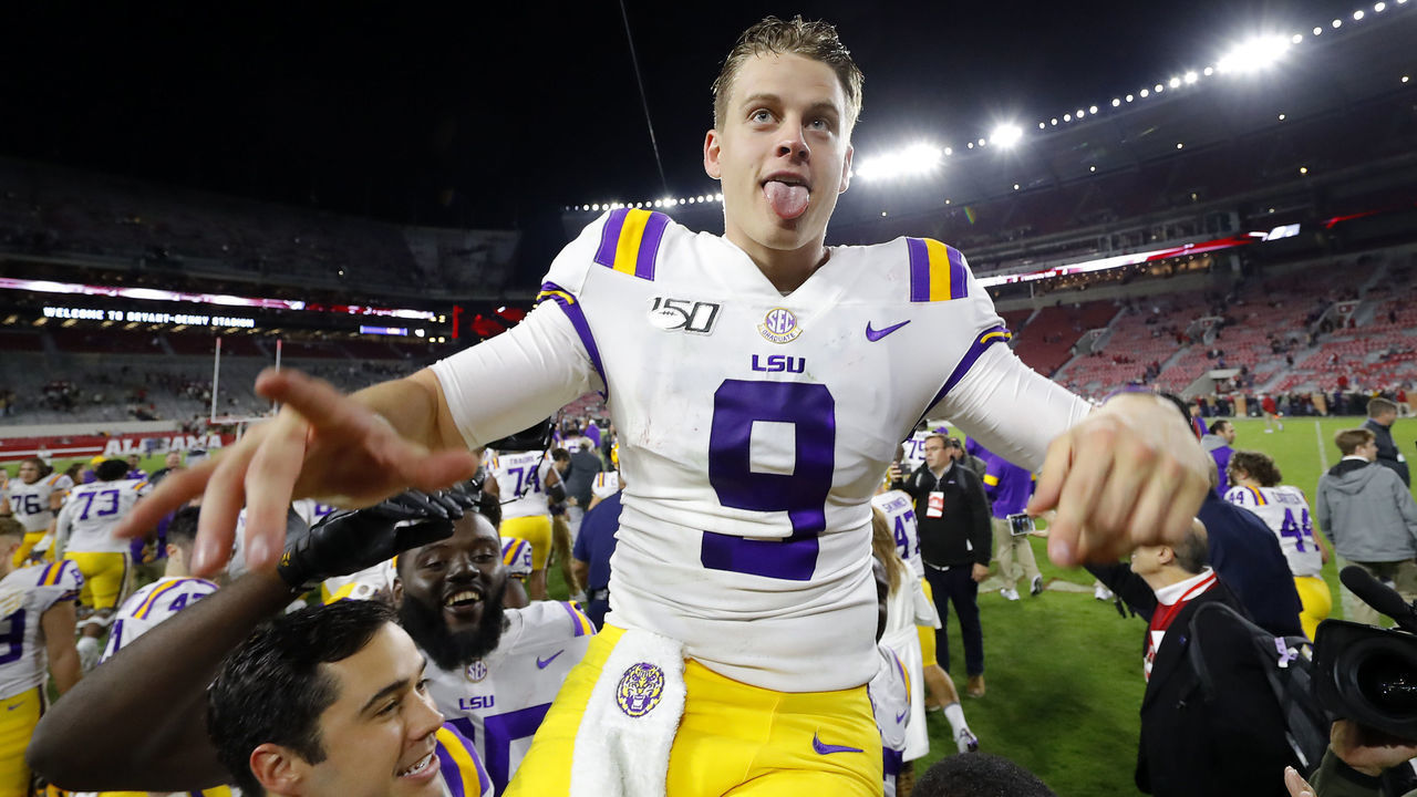 TUSCALOOSA, ALABAMA - NOVEMBER 09: Joe Burrow #9 of the LSU Tigers celebrates as he is carried by teammates after defeating the Alabama Crimson Tide 46-41 at Bryant-Denny Stadium on November 09, 2019 in Tuscaloosa, Alabama.