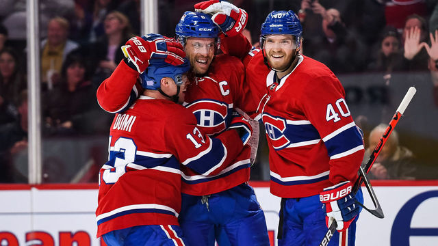 MONTREAL, QC - NOVEMBER 09: Montreal Canadiens defenceman Shea Weber (6) celebrates his first goal of the game with his teammates during the Los Angeles Kings versus the Montreal Canadiens game on November 09, 2019, at Bell Centre in Montreal, QC