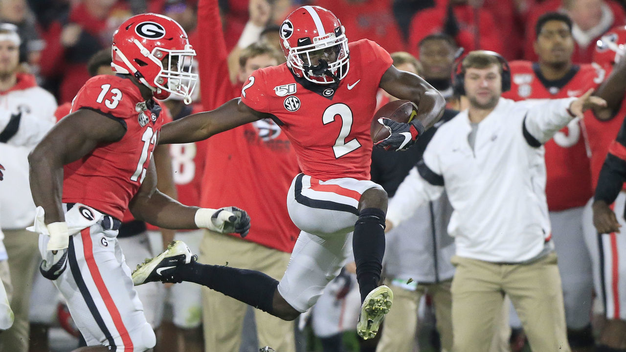 ATHENS, GA - NOVEMBER 09: Defensive back Richard LeCounte (2) of the Georgia Bulldogs runs back an interception during the college football game between the Georgia Bulldogs and the Missouri Tigers on November 9, 2019 at Sanford Stadium in Athens, GA.
