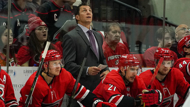 RALEIGH, NC - SEPTEMBER 29: Carolina Hurricanes head coach Rod Brind'Amour talks to his players on the bench during an NHL Preseason game between the Washington Capitals and the Carolina Hurricanes on September 29, 2019 at the PNC Arena in Raleigh, NC.