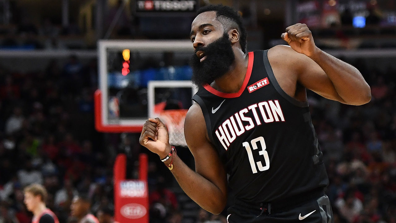 CHICAGO, ILLINOIS - NOVEMBER 09: James Harden #13 of the Houston Rockets celebrates after a three point shot against the Chicago Bulls during the second half of a game at United Center on November 09, 2019 in Chicago, Illinois.