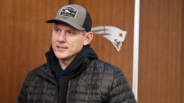 FOXBOROUGH, MA - NOVEMBER 5: New England Patriots kicker Nick Folk talks to the media during locker room access at Gillette Stadium in Foxborough, MA on Nov. 5, 2019.