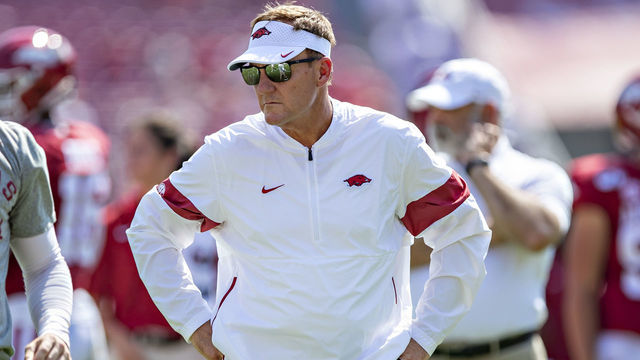FAYETTEVILLE, AR - SEPTEMBER 14: Head Coach Chad Morris of the Arkansas Razorbacks watches his team warm up before a game against the Colorado State Rams at Razorback Stadium on September 14, 2019 in Fayetteville, Arkansas. The Razorbacks defeated the Rams 55-34.