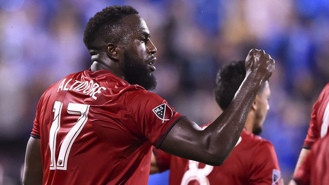MONTREAL, QC - JULY 13: Jozy Altidore #17 of Toronto FC reacts after scoring a goal in the second half against the Montreal Impact during the MLS game at Saputo Stadium on July 13, 2019 in Montreal, Quebec, Canada.