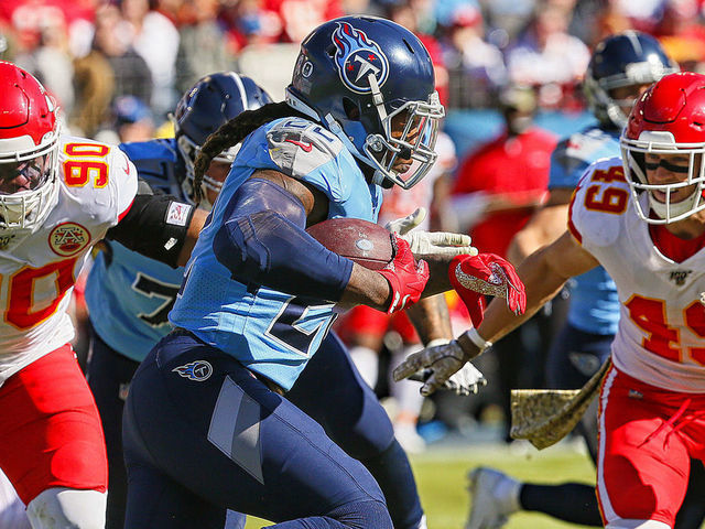 NASHVILLE, TENNESSEE - NOVEMBER 10: Derrick Henry #22 of the Tennessee Titans rushes against the Kansas City Chiefs during the first half at Nissan Stadium on November 10, 2019 in Nashville, Tennessee.