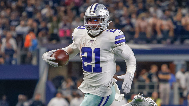 ARLINGTON, TX - OCTOBER 20: Dallas Cowboys Running Back Ezekiel Elliott (21) rushes with the ball during the game between the Philadelphia Eagles and Dallas Cowboys on October 20, 2019 at AT&T Stadium in Arlington, TX.
