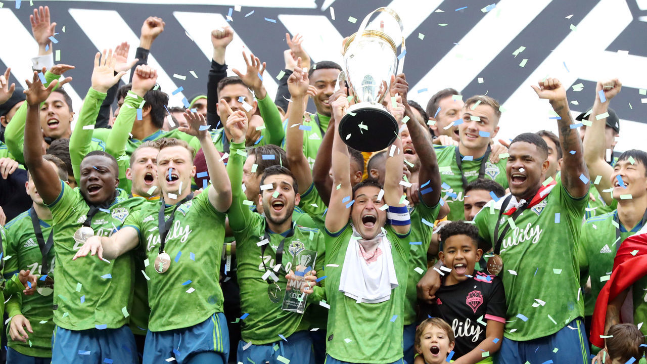 SEATTLE, WASHINGTON - NOVEMBER 10: The Seattle Sounders celebrate after defeating Toronto FC 3-1 to win the 2019 MLS Cup at CenturyLink Field on November 10, 2019 in Seattle, Washington.