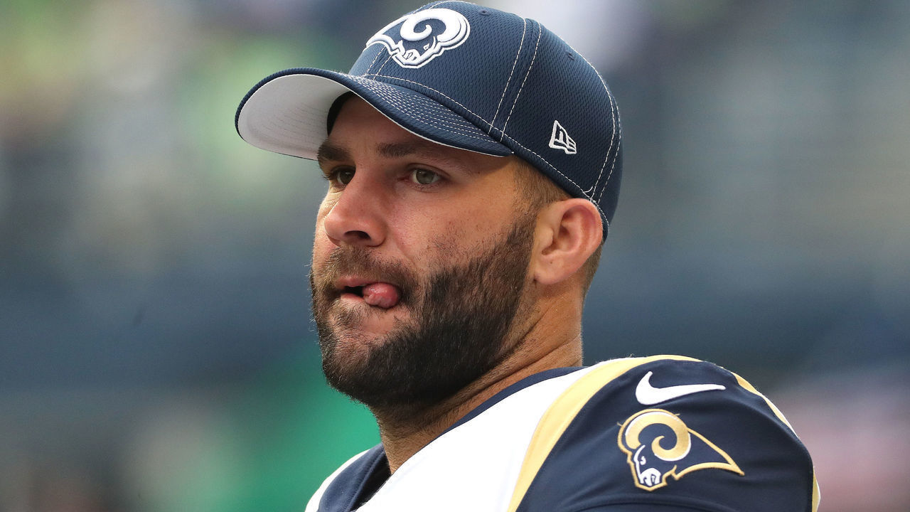 SEATTLE, WASHINGTON - OCTOBER 03: Blake Bortles #5 of the Los Angeles Rams looks on prior to taking on the Seattle Seahawks during their game at CenturyLink Field on October 03, 2019 in Seattle, Washington.