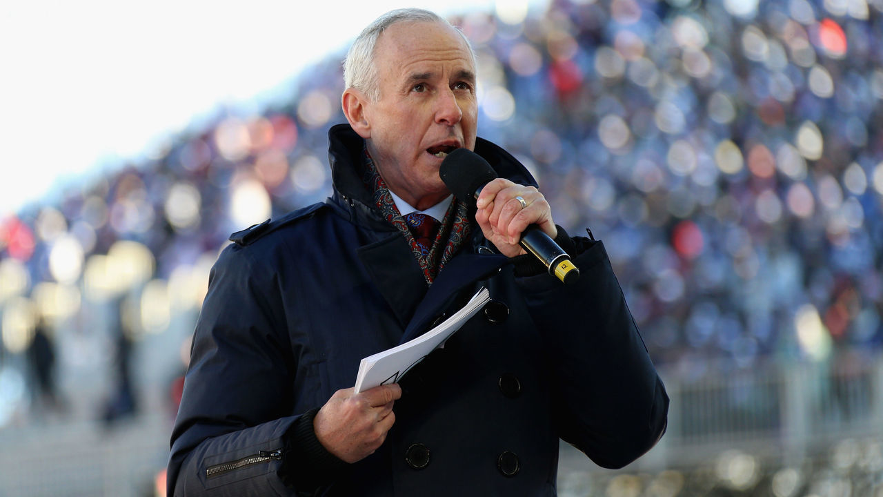 TORONTO, ON - JANUARY 01: Sportscaster Ron MacLean announces the Top 33 of 100 NHL players before the start of the 2017 Scotiabank NHL Centennial Classic to be played between the Detroit Red Wings and the Toronto Maple Leafs at Exhibition Stadium on January 1, 2017 in Toronto, Ontario, Canada.