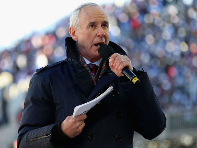 TORONTO, ON - JANUARY 01: Sportscaster Ron MacLean announces the Top 33 of 100 NHL players before the start of the 2017 Scotiabank NHL Centennial Classic to be played between the Detroit Red Wings and the Toronto Maple Leafs at Exhibition Stadium on January 1, 2017 in Toronto, Ontario, Canada.