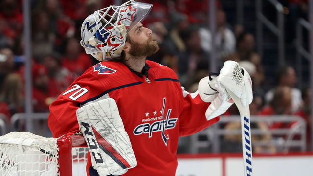 WASHINGTON, DC - NOVEMBER 09: Goalie Braden Holtby #70 of the Washington Capitals looks on after giving up a first period goal to the Vegas Golden Knights before the start of their game at Capital One Arena on November 09, 2019 in Washington, DC.